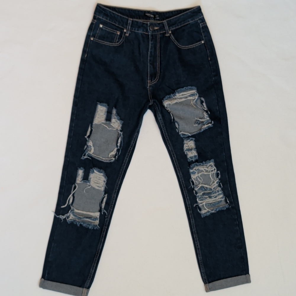 Nasty Gal Dark Blue Distressed High-rise Mom Jeans w/ Rolled Hem Size 8